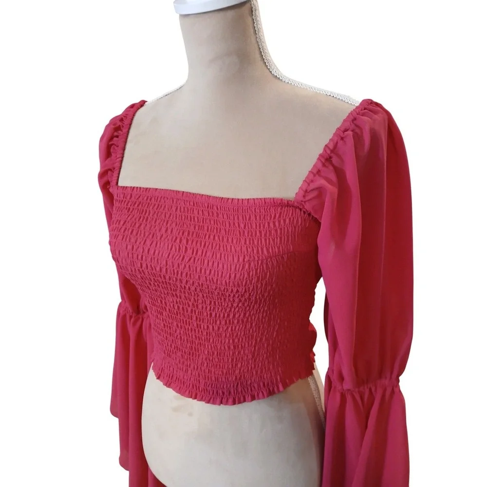 Joy & Ash Smocked Square Neck Bell Sleeve Crop Top Pink M Fairy Ethereal - Picture 2 of 10